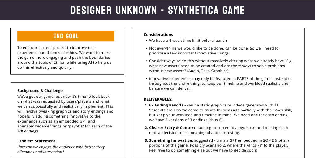 image of design brief for second vesion of Designer Unknown